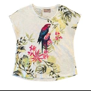 Chico's Women's Tropical Parrott Short Sleeve Cotton Shirt Size Medium